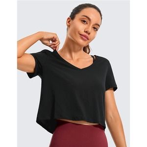 NEW CRZ YOGA Black Pima Cotton V Neck Crop Top Tee T-Shirt Short Sleeve Size L